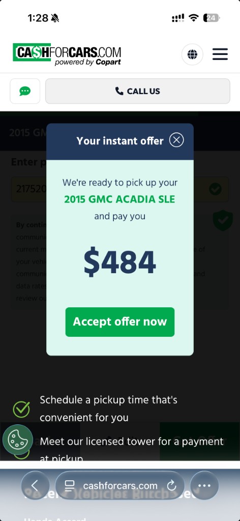 InstaQuote offer popup showing $484 and Accept offer now