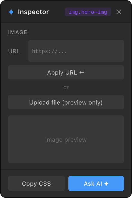 Inspector with an image selected: URL field, apply URL, and preview-only file upload