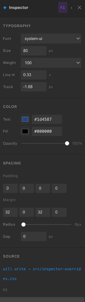 Inspector with an h1 selected: typography, color, spacing, and source writeback controls