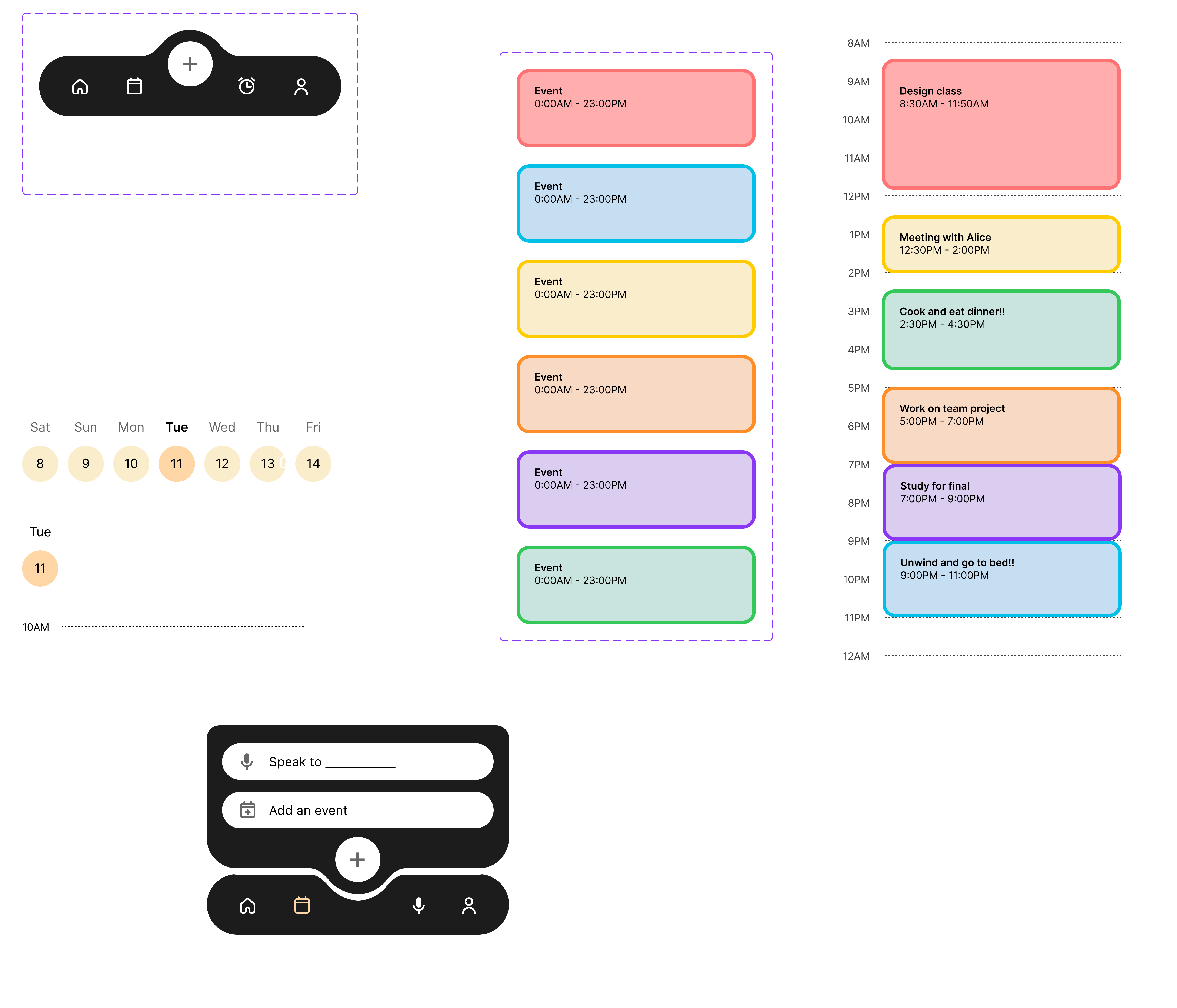 Fortune UI components – navigation bar, calendar views, event cards, and action menu
