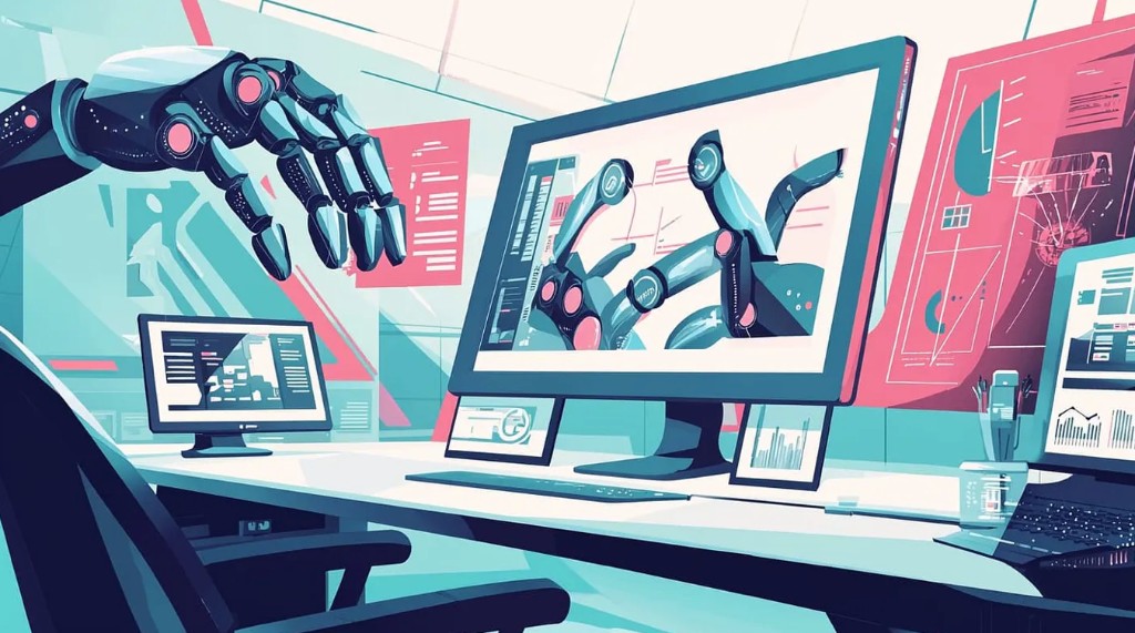 Illustration of a robotic hand reaching toward a monitor in a futuristic design workspace, teal and coral tones.