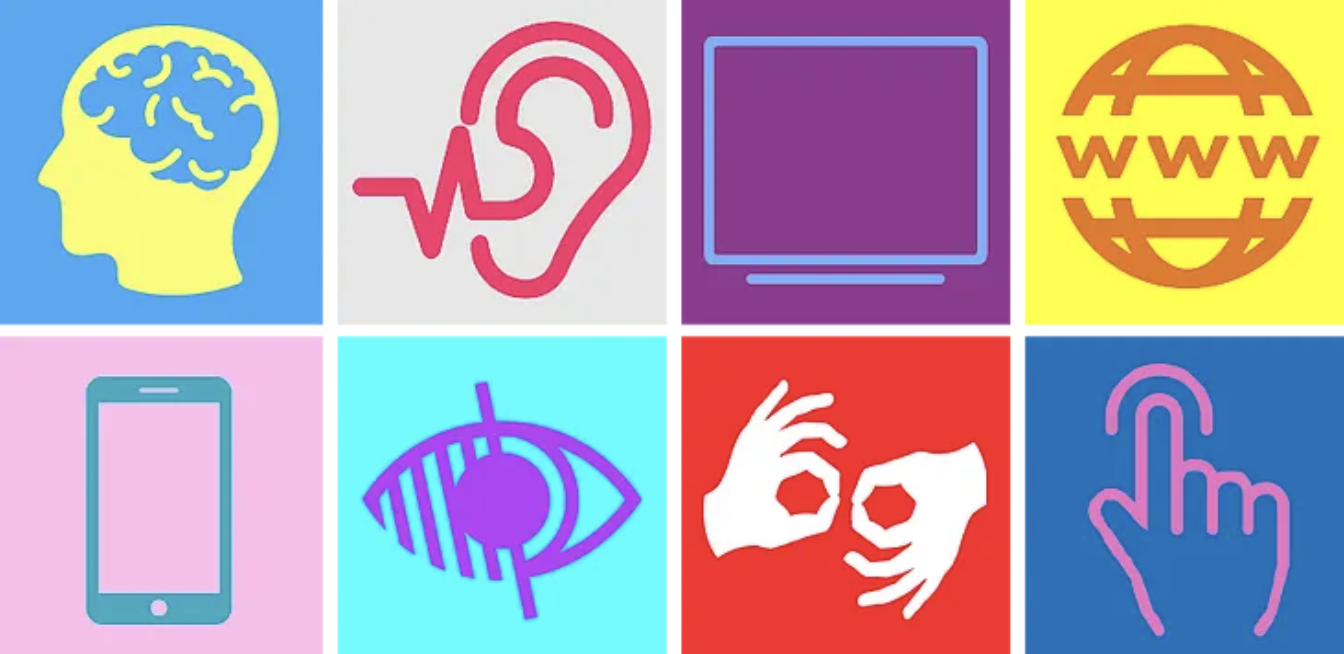 Colorful grid of eight icons representing digital accessibility: cognitive, hearing, visual, motor, web, mobile, and communication.