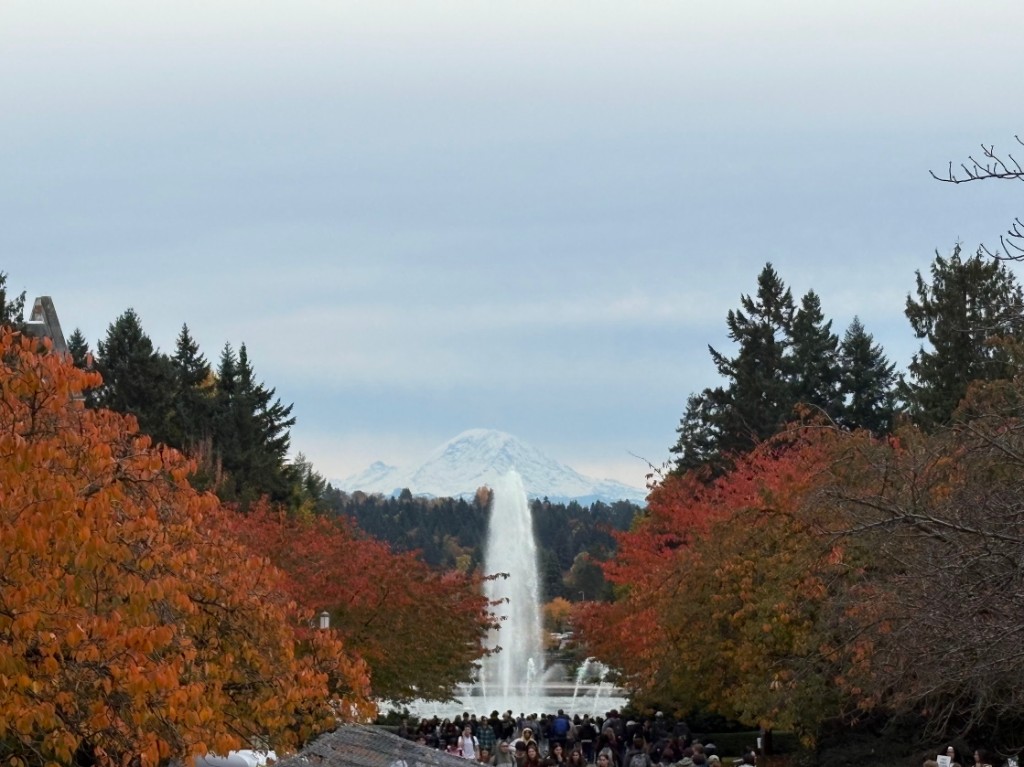 Rainier Vista at the University of Washington in autumn: Drumheller Fountain, fall foliage, and Mount Rainier in the distance.