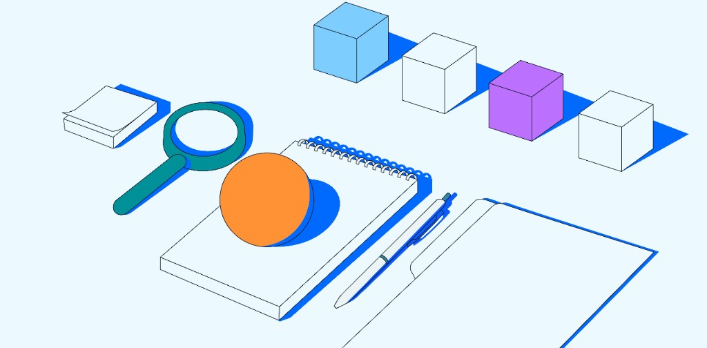 Isometric illustration of UX research tools: magnifying glass, notebook, pen, sticky notes, and colorful cubes on a light blue background with blue shadows.