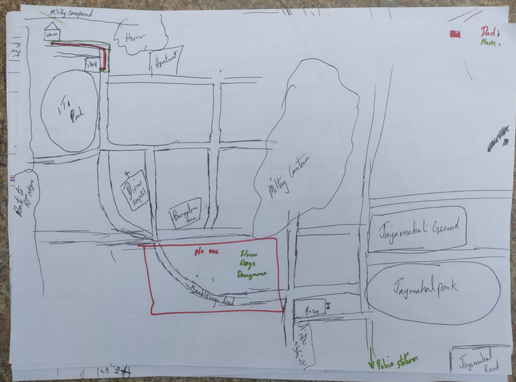 Participant hand-drawn neighbourhood map with coloured routes for family members and annotated safety concerns along streets.