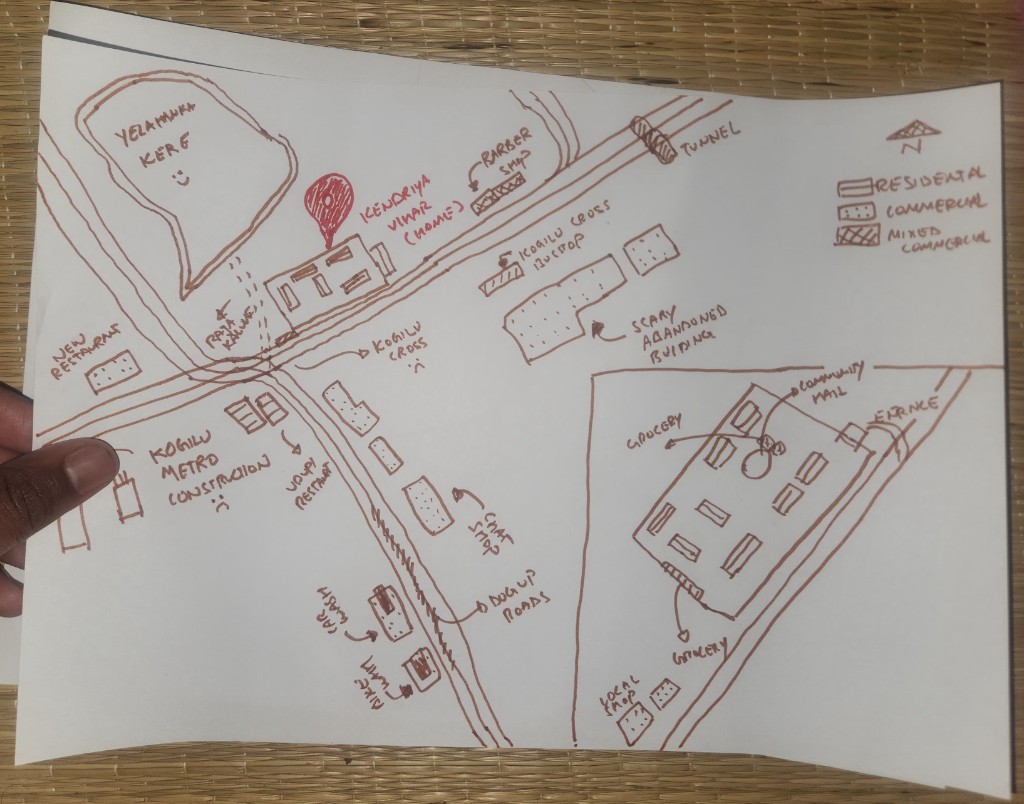 Detailed participant mental map with land-use legend, lake, transit, and emotionally salient landmarks.