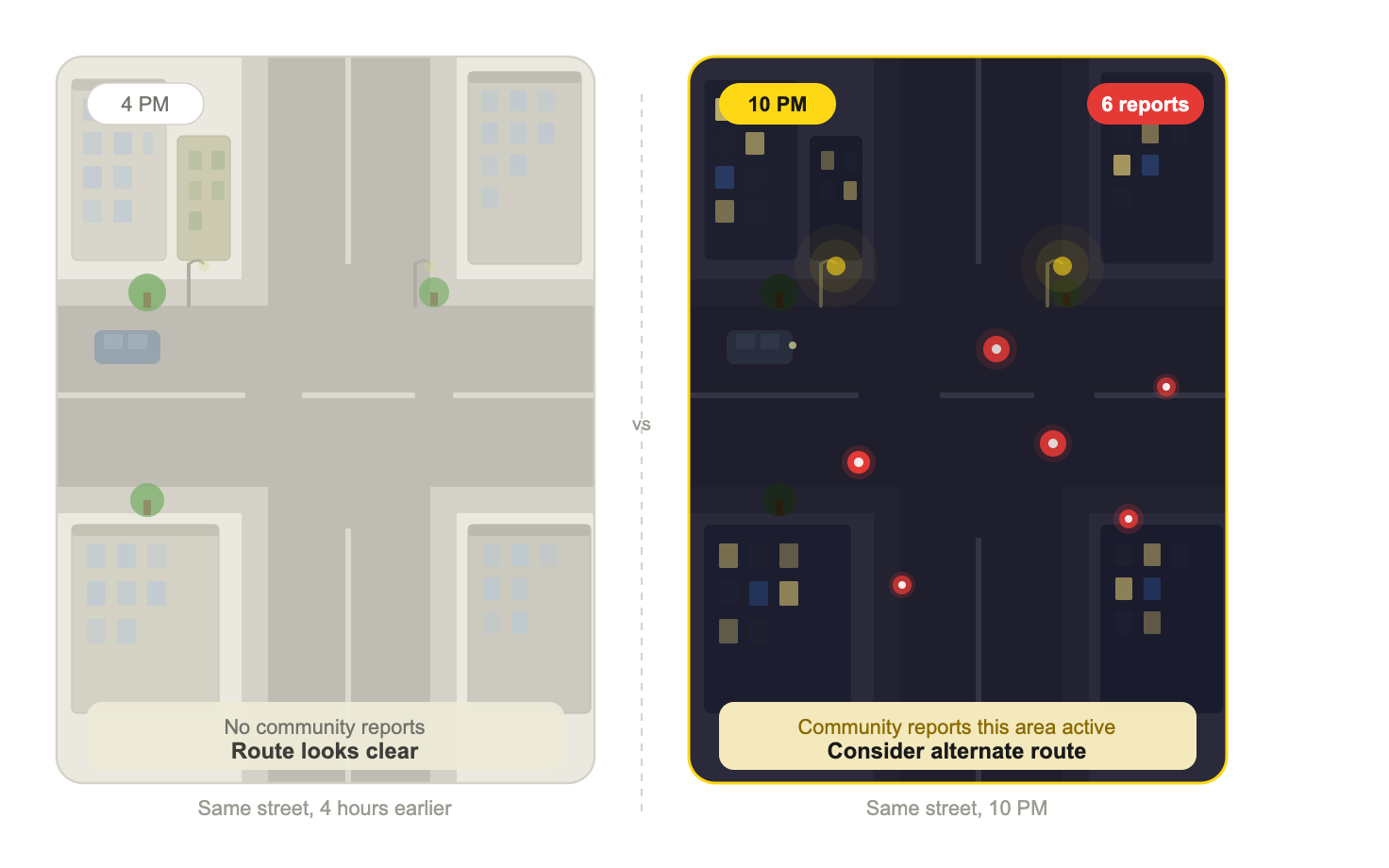 Same street at 4 PM with no community reports and route looks clear, versus 10 PM with six community reports and suggestion to consider an alternate route.
